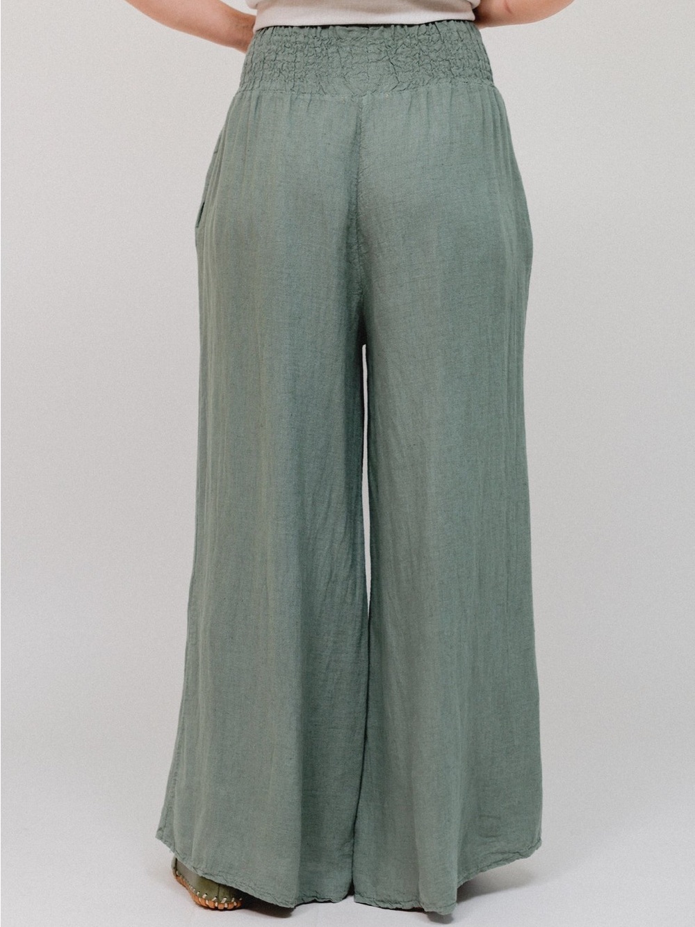 Made In Italy Pure Linen Palazzo Pants In Sage Green - Picture 4 of 15